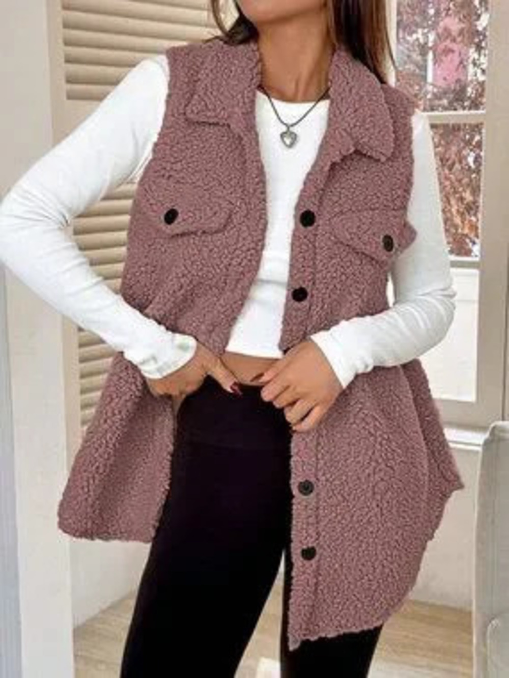 ZARA Dusty pinkCasual Women's Loose Sleeveless Teddy Jacket